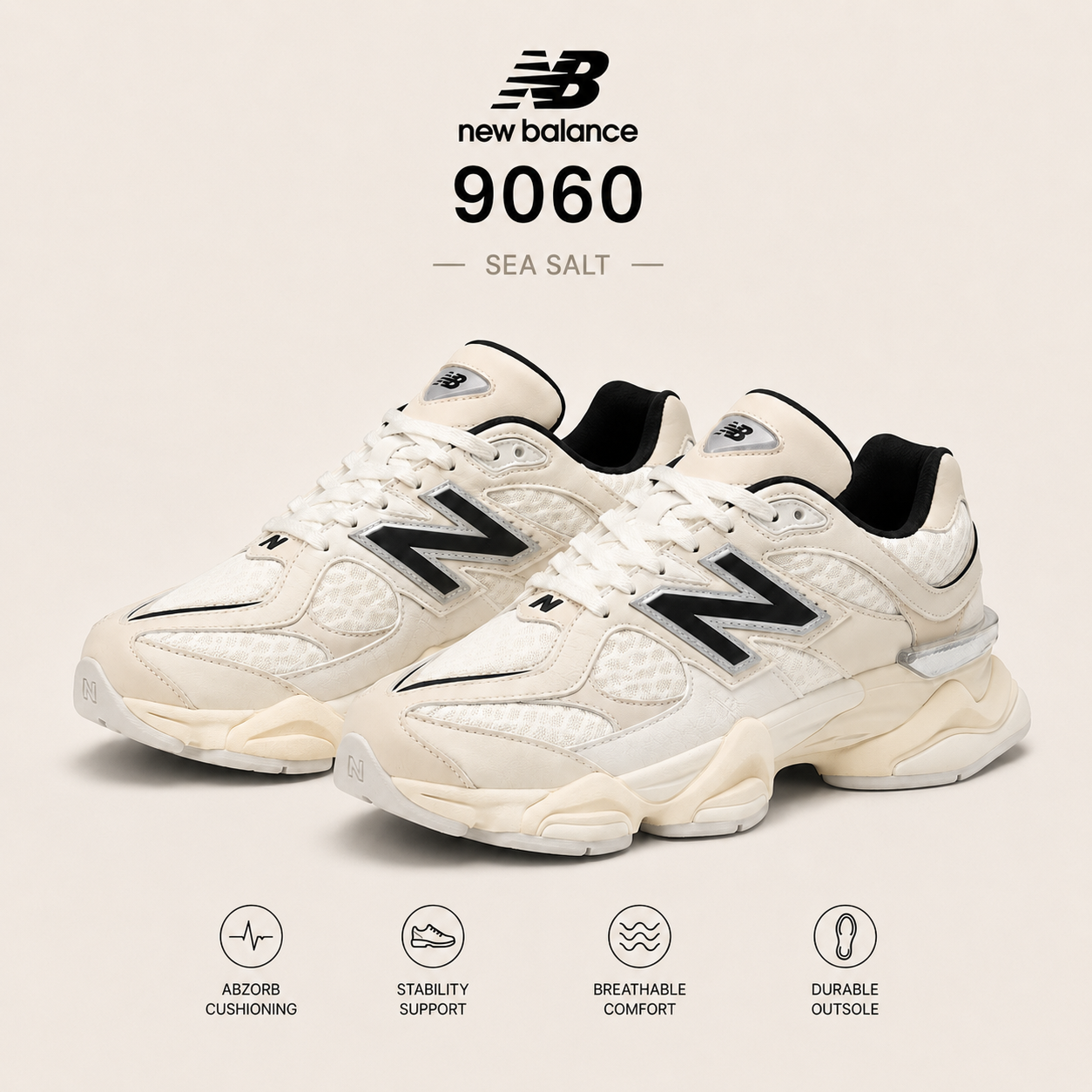 New Balance 9060 SEA SALT WHITE BLACK